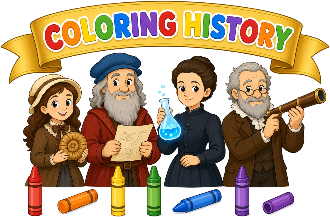 Coloring History: Mary Anning, Leonardo da Vinci, Marie Curie and Galileo with crayons